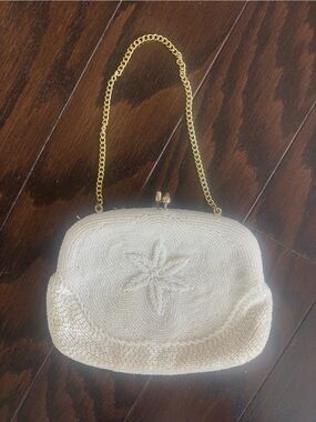 Ivory Beaded Evening Bag with Gold Chain